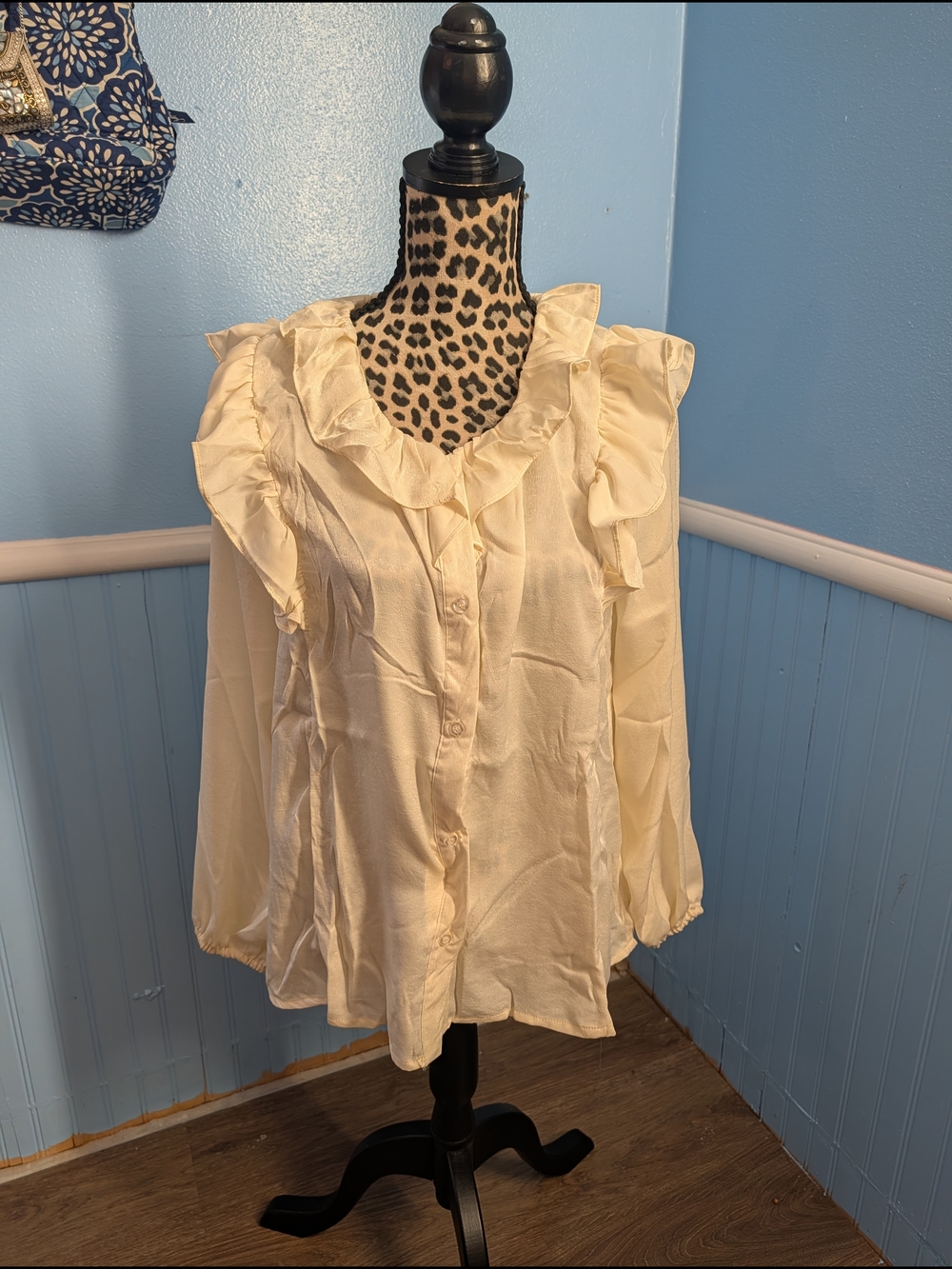 Brand New -Umgee Cream Ruffle-Trim Button Blouse
